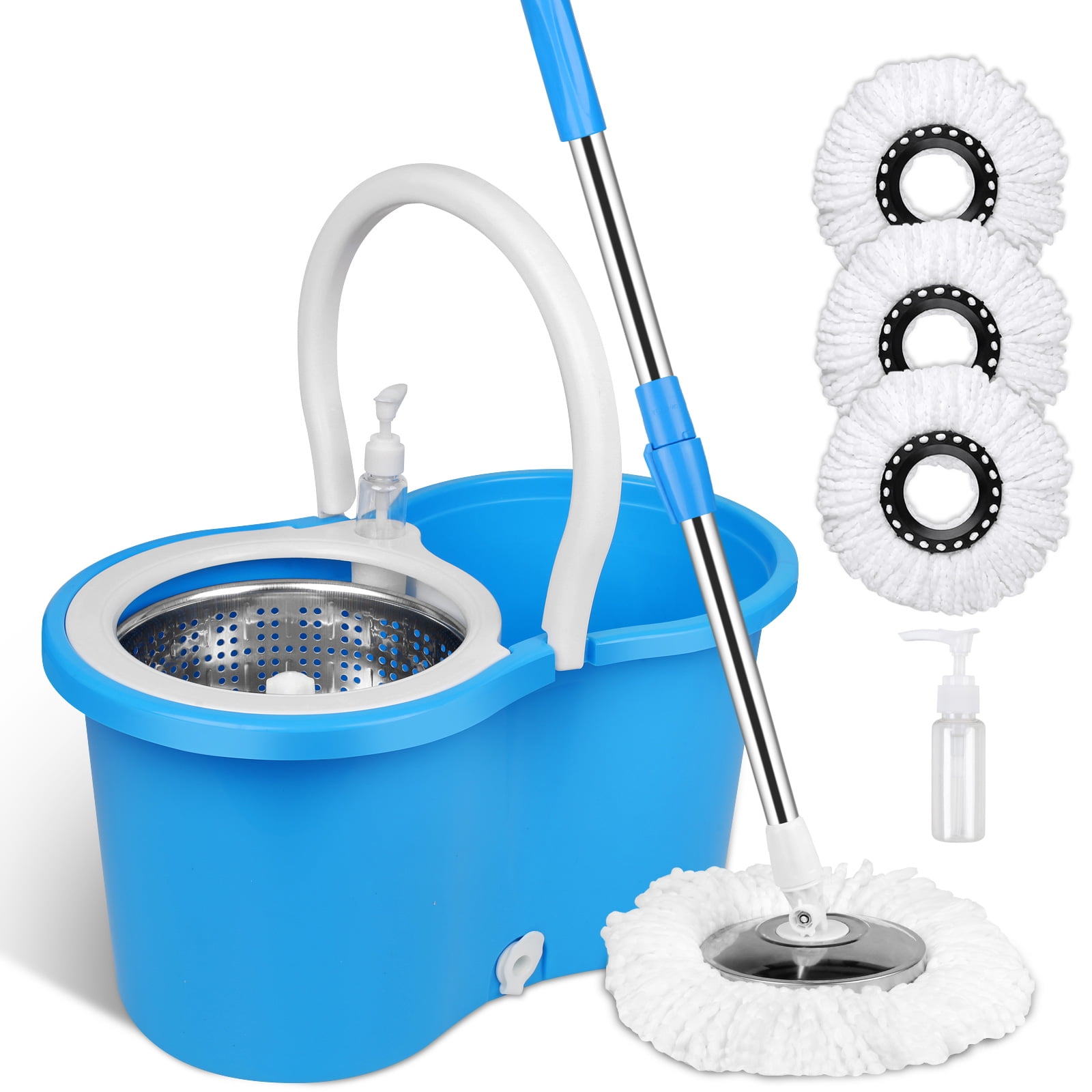 Spin Mop Bucket System, 360 Spin Mop & Bucket Floor Cleaning, Stainless  Steel 61 Extended Handle with 3 Microfiber Replacement Head Refills, Blue