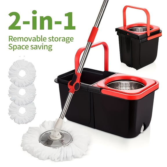 Spin Mop and Bucket System with 4 Microfiber Replacement Heads, 2‑in‑1 Washing & Spinning Cleaning Mop, Stainless Steel Handle, Floor Cleaning Mop for Hardwood Tile Floors