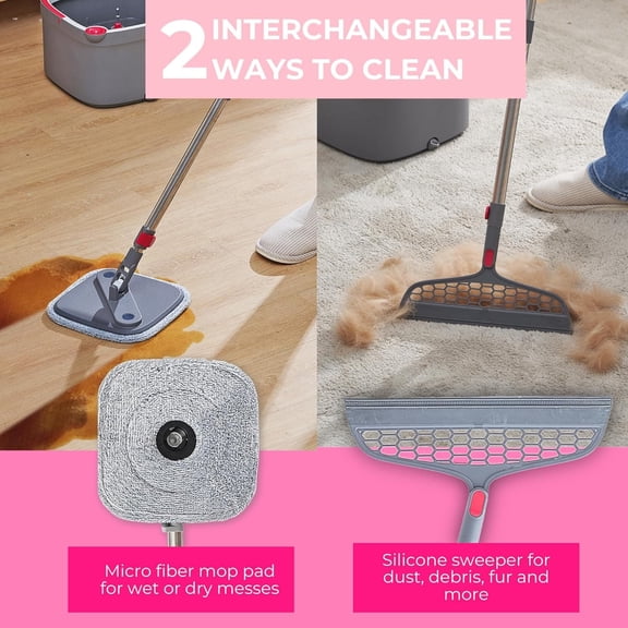 Spin Mop & Bucket System Dual Compartment Design for Clean & Dirty Water, 360 Swivel Mop Head, Built-in Scrubbing Brush, Stainless Steel Handle & 2 Reusable Microfiber Pads