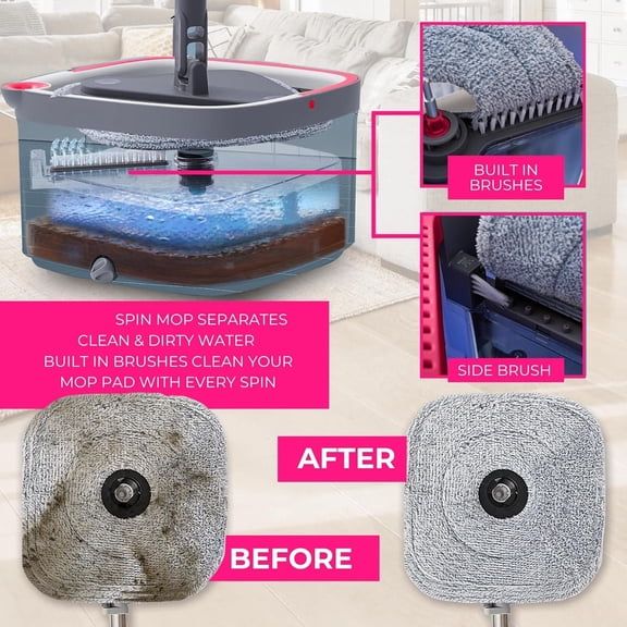 Spin Mop & Bucket System Dual Compartment Design for Clean & Dirty Water, 360 Swivel Mop Head, Built-in Scrubbing Brush, Stainless Steel Handle & 2 Reusable Microfiber Pads
