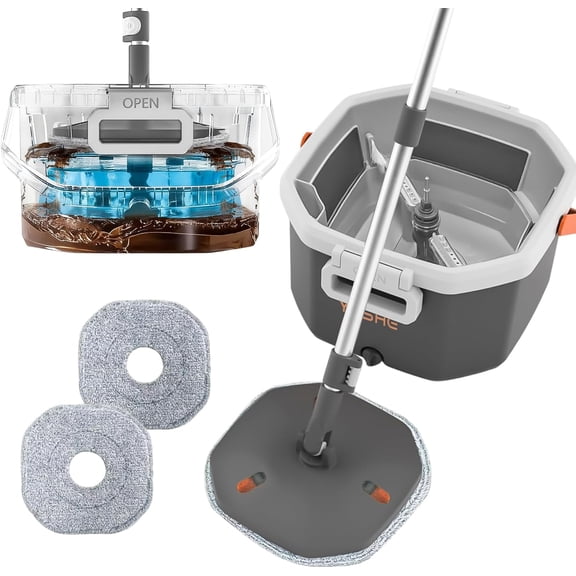 Spin Mop and Bucket System with True Clean Water Separation, Innovative Detachable Inner Clean Water Bucket for Easy Rinsing, Hands-Free Wringing Floor Mop with 2 Washable Microfiber Pads