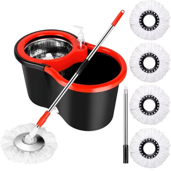 Spin Mop and Bucket System with Wringer, 360 Rotating Mop, Includes 3 Microfiber Replacement Heads and Hight Adjustable Stainless Steel Handle for Floor Cleaning (Black)