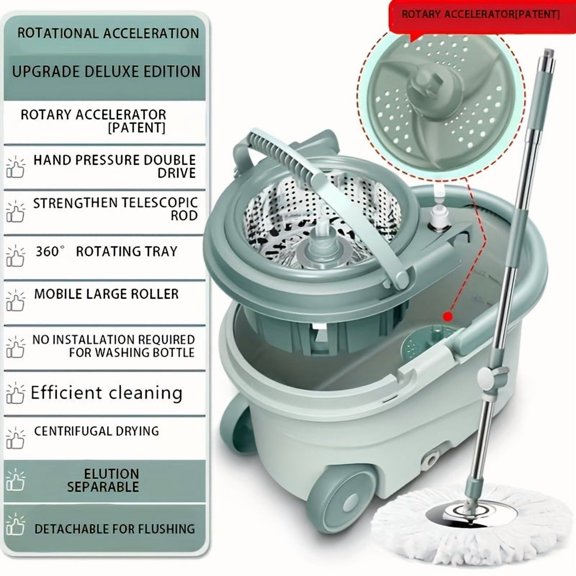 Spin Mop and Bucket System with Wringer, 61 Inch Adjustable Stainless Steel Handle, 3 Microfiber Replacement Mop Heads, 360 ° Rotating Floor Cleaning Mop for Bathroom & Household Use
