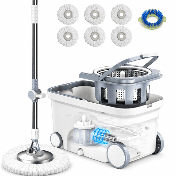 Spin Mop Bucket System with 6 Microfiber Replacement Heads, 62" Extended Handle