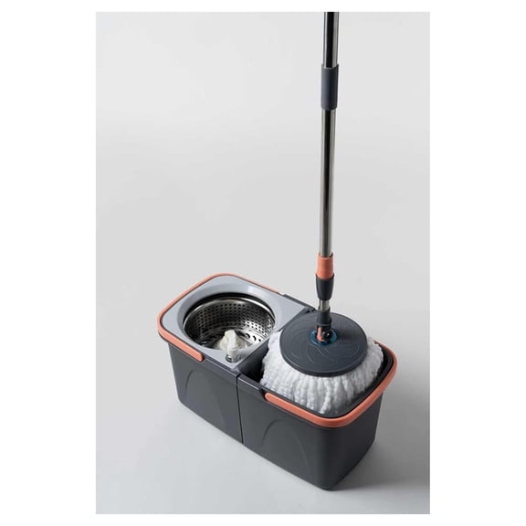 Spin Mop Bucket System with Wringer, Stainless Steel Telescopic Handle, Dual-Chamber Bucket, 2 Reusable Microfiber Mop Heads, Gray