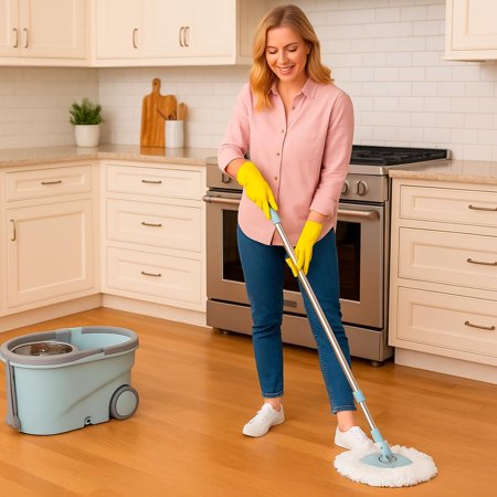 Spin Mop and Bucket with Wheels - Hands-Free Wringer System, 360° Microfiber Mop, Stainless Steel Handle & Drain - Deep Cleaning for Tile, Wood & Laminate Floors + 2 Refills