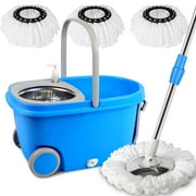 Spin Mop and Bucket on Wheels, Mop and Bucket Set, 360  Spinning Mopping Bucket with 3 Microfiber Refills & 61 Extended Mop Rod for Floor Cleaning, Blue