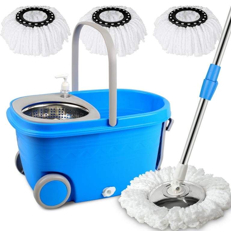 Floor Spin Mop and Bucket Set with Wringer System Extended Stainless Steel Handle 61for Home Floor Cleaning Use with 5 Replacement Head Refill and 1
