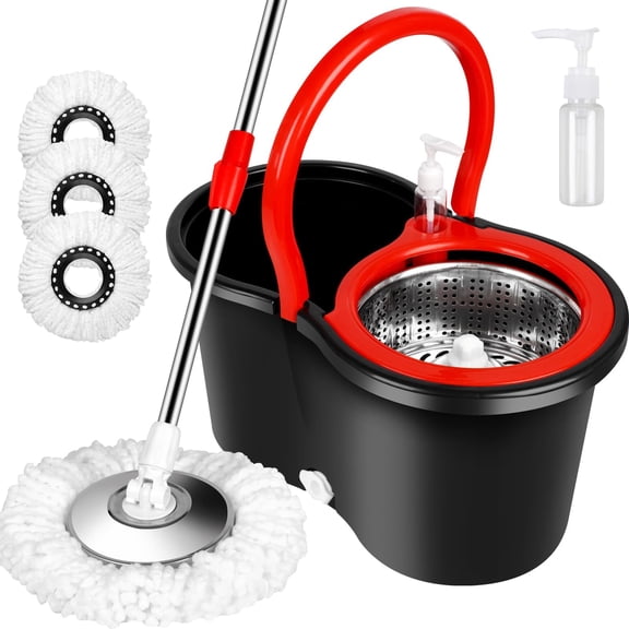 Spin Mop and Bucket with Wringer Set, 3 Washable Microfiber Pads Included for Floor Cleaning, Adjustable Stainless Steel Handle, Easy Moving with Wheels, Blue