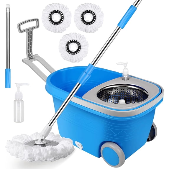 Spin Mop and Bucket with Wringer Set, 3 Washable Microfiber Pads Included for Floor Cleaning, Adjustable Stainless Steel Handle, Easy Moving with Wheels, Blue