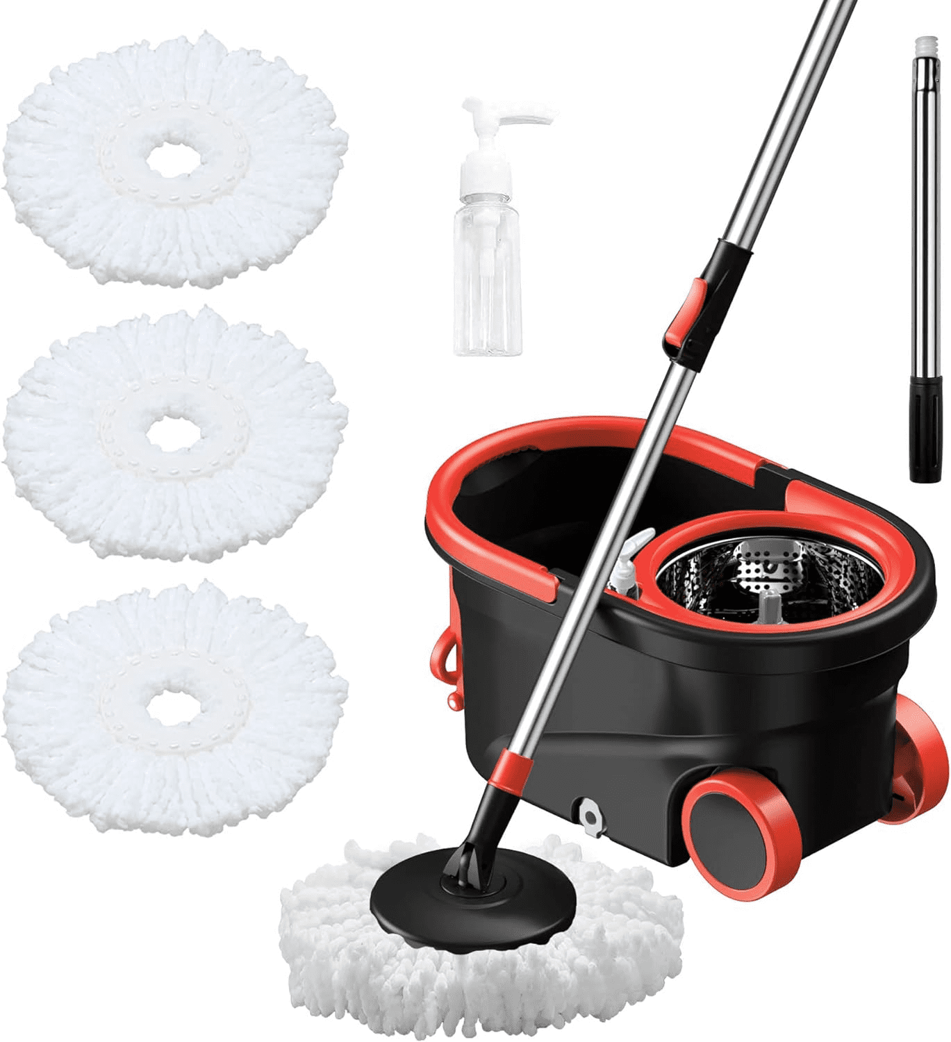 Spin Mop and Bucket with Wringer Set, 360 Mop and Bucket Set for Floor Cleaning, Stainless Steel 61" Adjustable Extended