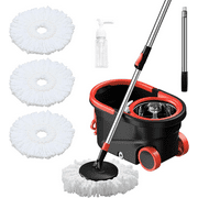 Spin Mop and Bucket with Wringer Set, 360  Mop and Bucket Set for Floor Cleaning, Stainless Steel 61" Adjustable Extended Handle with 3 Microfiber Mop Refills, Black&Red