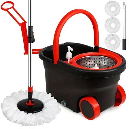 Spin Mop And Bucket With Wringer Set, 360° Mop And Bucket System With 3 Microfiber Mop Refills And 61" Extended Handle For Floor Cleaning Hands-Free Washable Mop