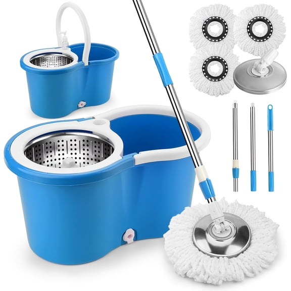 Spin Mop & Bucket with Wringer Set - 360 Rotating Floor Cleaning System, 3 Microfiber Replacement Heads, 61" Extended Handle for Home Floor Cleaning (Blue)