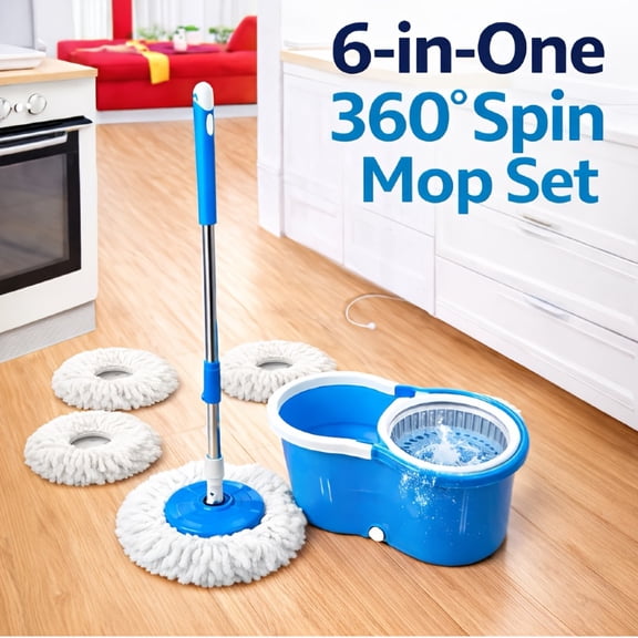 Spin Mop and Bucket with Wringer Set, 360° Spin Mop System, 3 Microfiber Refills, Adjustable Handle, Heavy-Duty Plastic, Space-Saving for Vinyl Floors