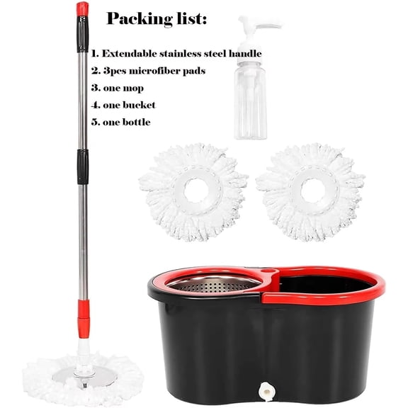 BAWOSEVEN 360° Spin Mop Bucket Set - 56in Handle, 3 Reusable Heads, Red & Blue