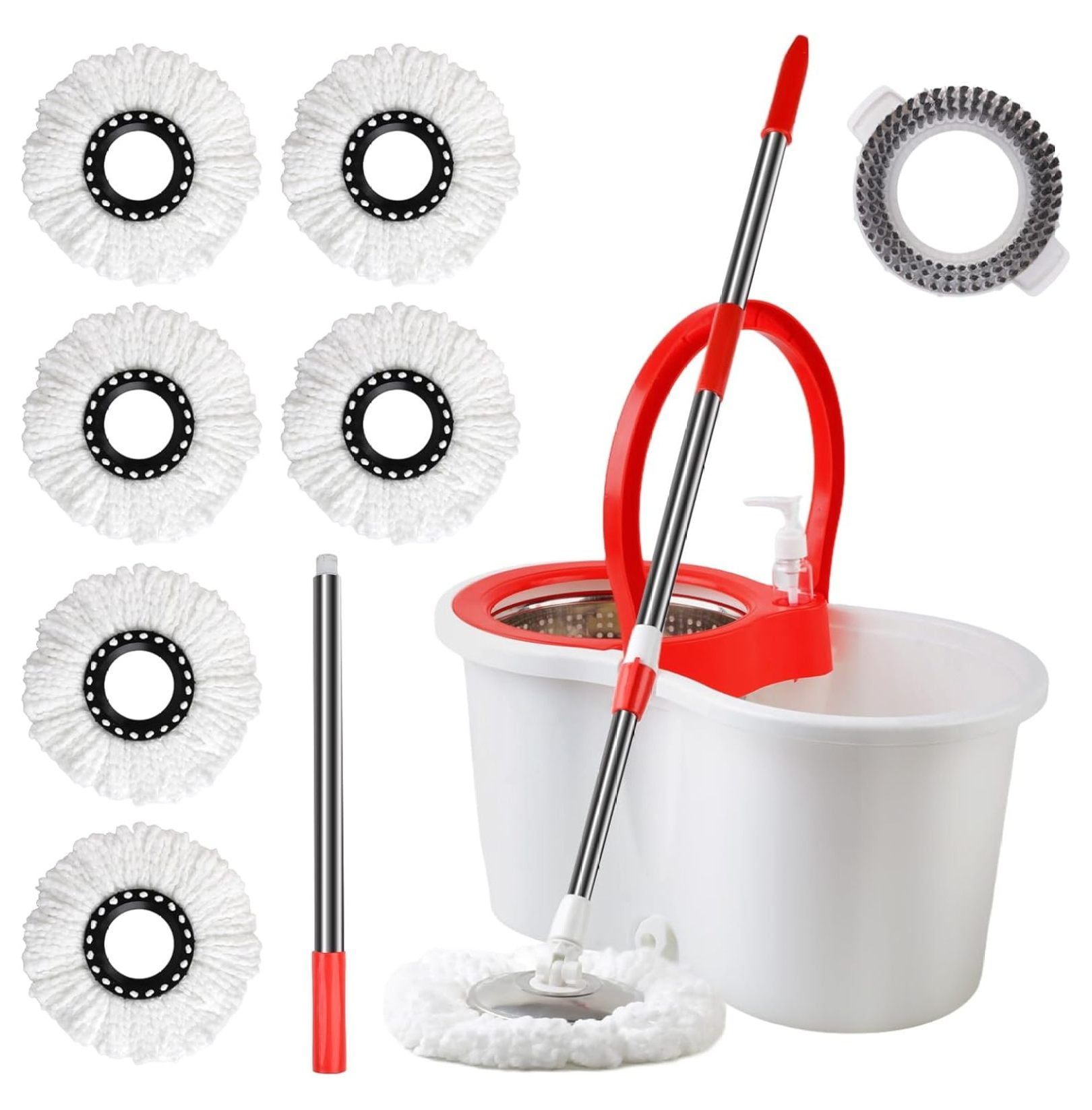 Spin Mop and Bucket with Wringer Set, 360° Spinning Mop Bucket System with 6 Microfiber Mop Floor Scrub Brush and 61" Stainless Steel Adjustable Handle for Floor Cleaning