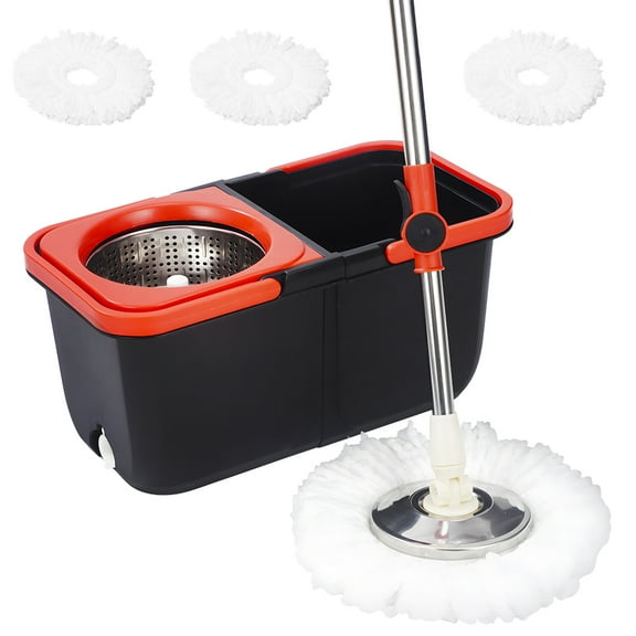 Spin Mop and Bucket with Wringer Set, 360°Spinning Mop Bucket System with Floor Scrub Brush 4 Microfiber Mop and Adjustable Long Handle for Floor Cleaning Dry and Wet Use