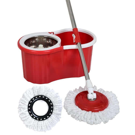 Spin Mop & Bucket Wringer Set - 360 Spinning System with 3 Microfiber Replacement Heads & Adjustable Handle, Wet/Dry Floor Cleaning Mop for Home Kitchen Bathroom (Red)