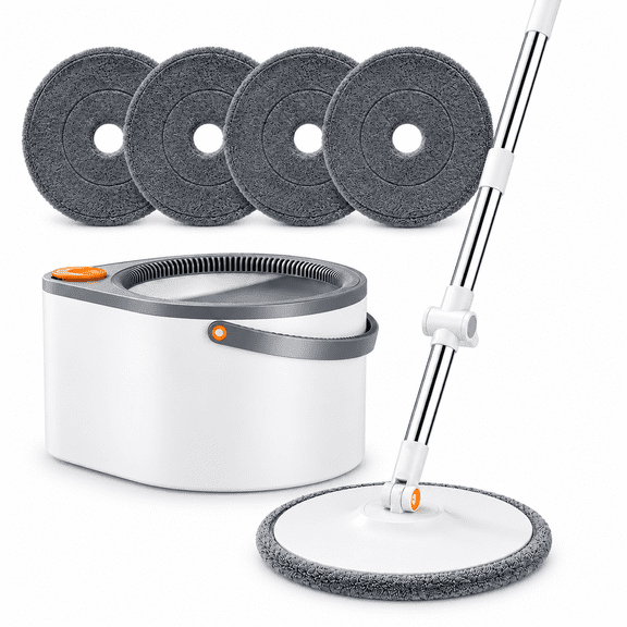 Spin Mop and Bucket with Wringer Set, Floor Mop Bucket System with Separate Clean Dirty Water, Flat Wall Mops for Floors 360° Spin Mop Head 4 Microfiber Pads