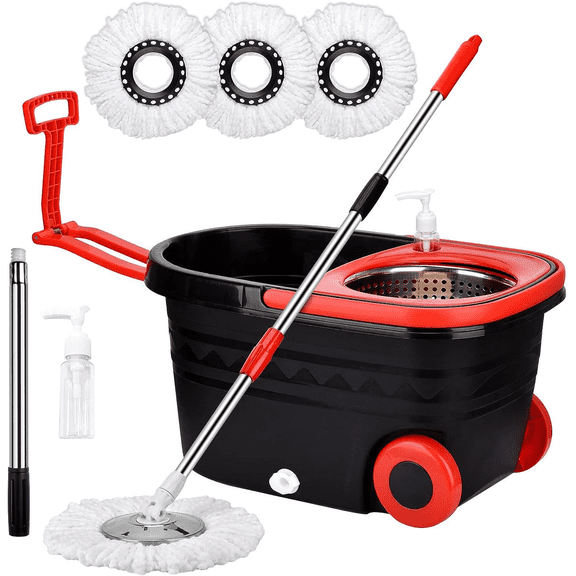 Spin Mop Bucket with Wringer Set for Home, 360 Extended Stainless Steel Handle, 3 Microfiber Replacement Mop Head Refills, 2 Wheels for Floor Cleaning, Black/Red