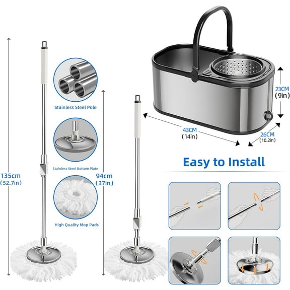 Spin Mop and Bucket with Wringer Set for Home, 360 ° Mop and Bucket with Separate Clean and Dirty Water, Wet Dust Mop for Floor Cleaning with Extra Refills (Silver)