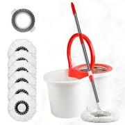 Spin Mop and Bucket with Wringer Set, Mop Bucket System with 6 Microfiber Mop Head, 1 Floor Scrub Brush and 61" Stainless Steel Adjustable Handle for Floor Cleaning, White