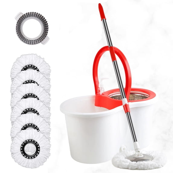 Spin Mop and Bucket with Wringer Set, Mop Bucket System with 6 Microfiber Mop Head, 1 Floor Scrub Brush and 61" Stainless Steel Adjustable Handle for Floor Cleaning, White