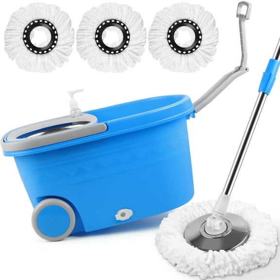 Spin Mop and Bucket with Wringer Set On Wheels, 360 Spinning Mop Bucket System for Floor Cleaning, 3 Microfiber Mop Replacement Head Refills, 61" Stainless Steel Adjustable Handle for Home Blue