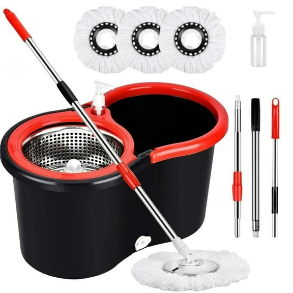360 °   Rotating Mop Bucket Set with Wringer, 3 Microfiber Replacement Heads, 61 Inch Adjustable Handle, Stainless Steel & Black Plastic Household Cleaning Tools