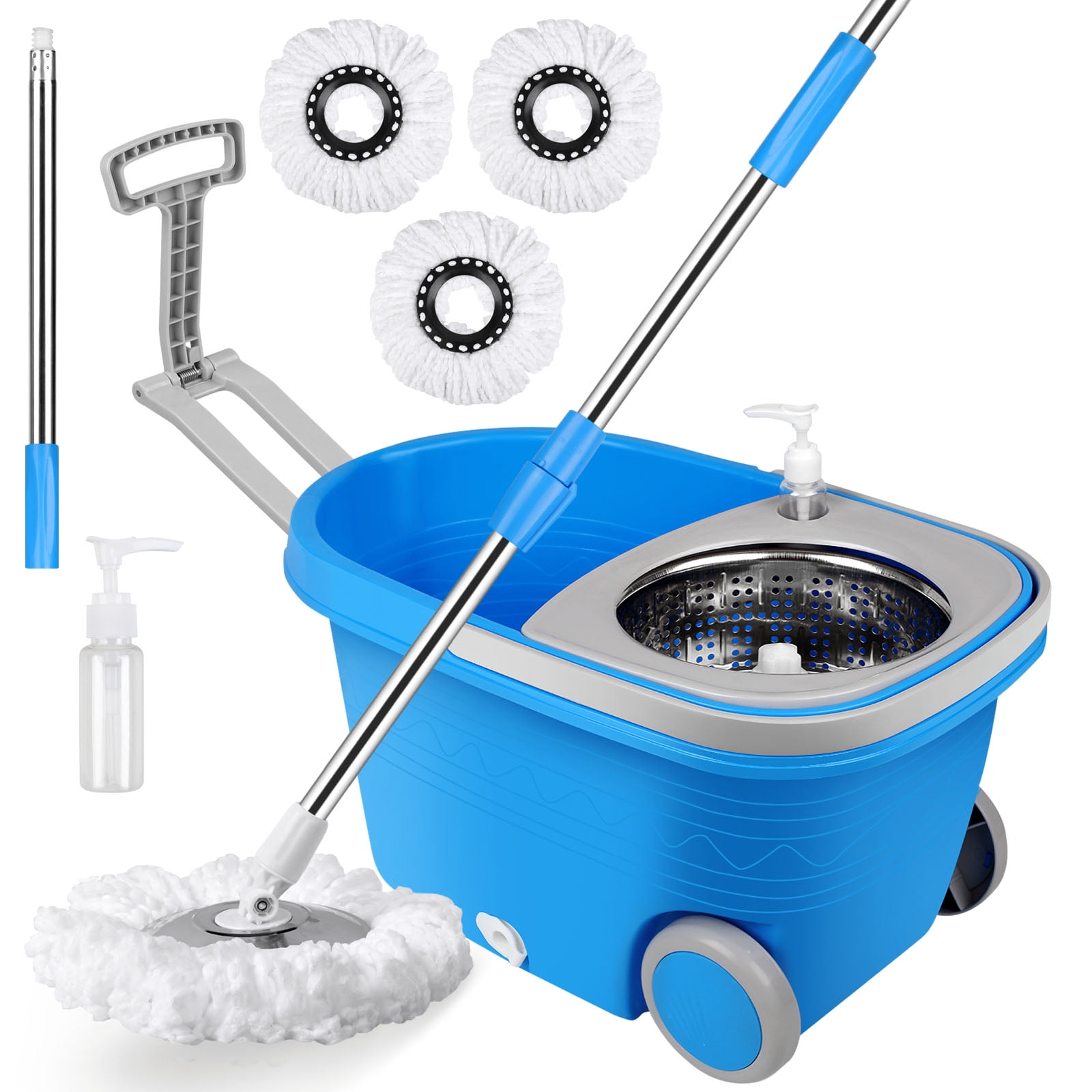 Spin Mop and Bucket with Wringer Set on Wheels, 360° Spinning Mop Bucket System with 3