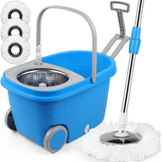 Spin Mop and Bucket with Wringer Set on Wheels, Mop and Bucket with 3 Microfiber Mop Head Refills, Stainless Steel 61" Extended Handle Bucket Set for Floor Cleaning, Blue