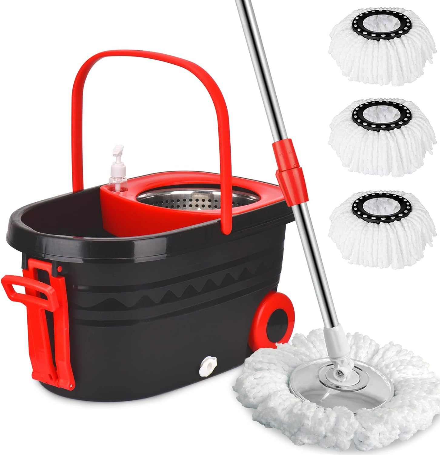 Spin Mop and Bucket with Wringer on Wheels – 360° Rotating Floor Cleaning System with Stainless Steel Handle, 3 Microfiber Mop Heads – For All Hard Surfaces