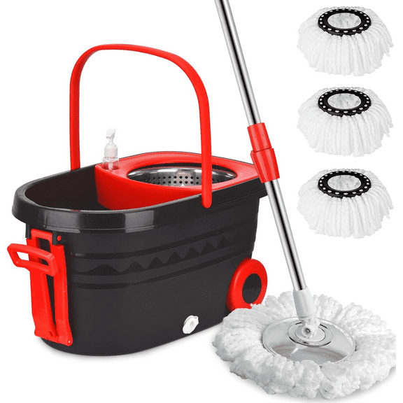 Spin Mop and Bucket with Wringer on Wheels – 360° Rotating Floor Cleaning System with Stainless Steel Handle, 3 Microfiber Mop Heads – For All Hard Surfaces