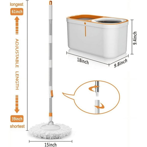 Spin Mop Bucket with Wringer System - 61" Extendable Mop Handle, 5 Replacement Heads, 1 Cleaning Brush Head