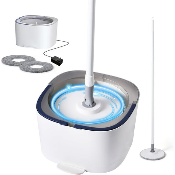 Spin Mop and Electric Bucket System, Unique Automatic Washing Wring Bucket, Upgrade with 2 Microfiber Cloths,Suitable for Hardwood Tile Marble Floor-White