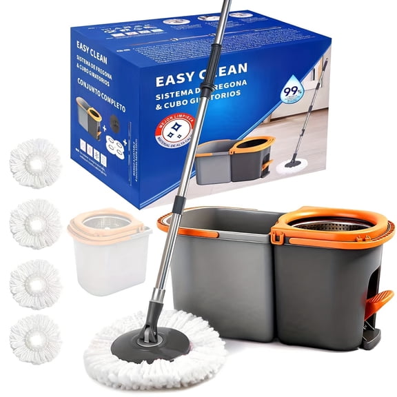 Spin Mop & Foot-Pedal Bucket Set with 4 Microfiber Heads - Detachable Wringer Bucket for Hardwood, Marble & Tile Floors