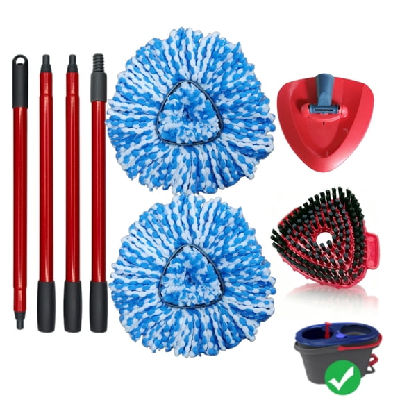 Spin Mop Handle,Mop Heads Replacements,Scrubber Mop Head and Mop Base Combo Set Compatible with Ocedar RinseClean 2-Tank Spin Mop,Mop Replace Head and Scrub Brush Set for Multi-Surface Hard Floor