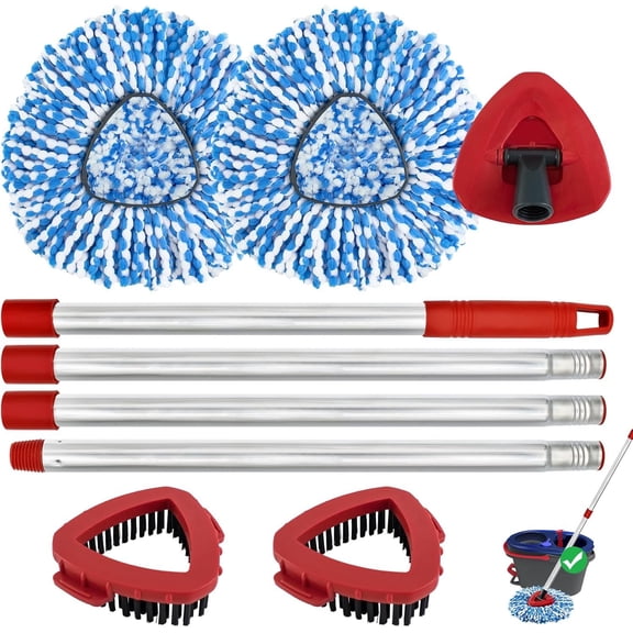 Spin Mop Handle, Mop Replacement Heads,Brush,Base Compatible with OCedar RinseClean 2 ,Inclued 2 Microfiber Mop Heads,1 Mop Base,2 Brush and 4-Section Mop Handle for Ocedar,Use for Floor Cleaning