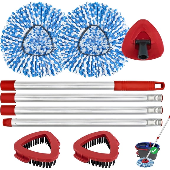 Spin Mop Handle, Mop Replacement Heads,Brush,Base Compatible with OCedar RinseClean 2 ,Inclued 2 Microfiber Mop Heads,1 Mop Base,2 Brush and 4-Section Mop Handle for Ocedar,Use for Floor Cleaning