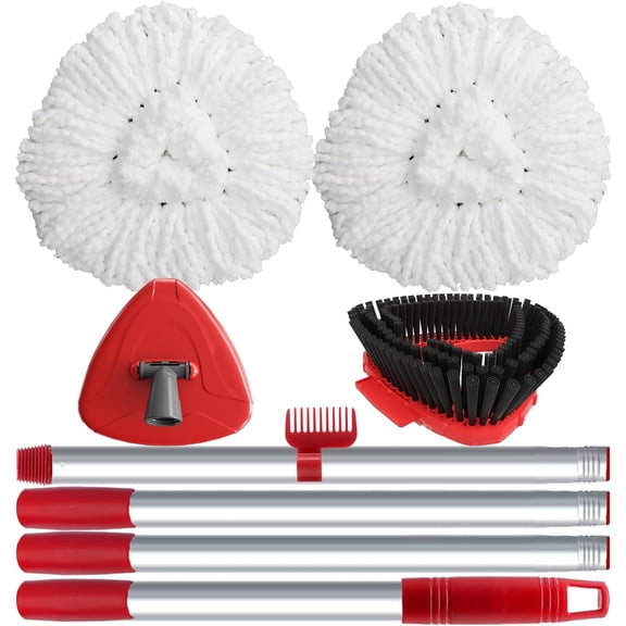 Spin Mop Head Replace Compatible with O Cedar EasyWring 1 Tank, Upgraded Scrub Brush and Base, 2 Microfiber Mop Replacement Head, 1 Handle, Easy to Install Attachments