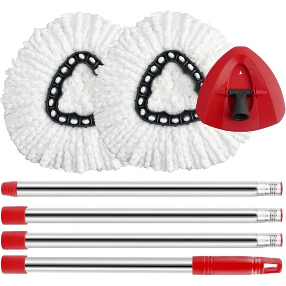 Spin Mop Replace , Base, Handle Compatible with O Cedar EasyWring Microfiber Spin Mop, 2 Mop Refills Replacement Heads, 30-58in Mop Handle and 1 Mop Base Combo Set (White (1- System))