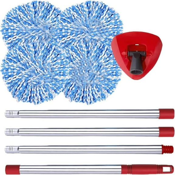 Spin Mop Replace , Base, Handle Compatible with O Cedar EasyWring RinseClean Microfiber Spin Mop, 4 Microfiber Mop Refills, 1 Triangle Mop Base and 58in Mop Handle (Blue (2- System))