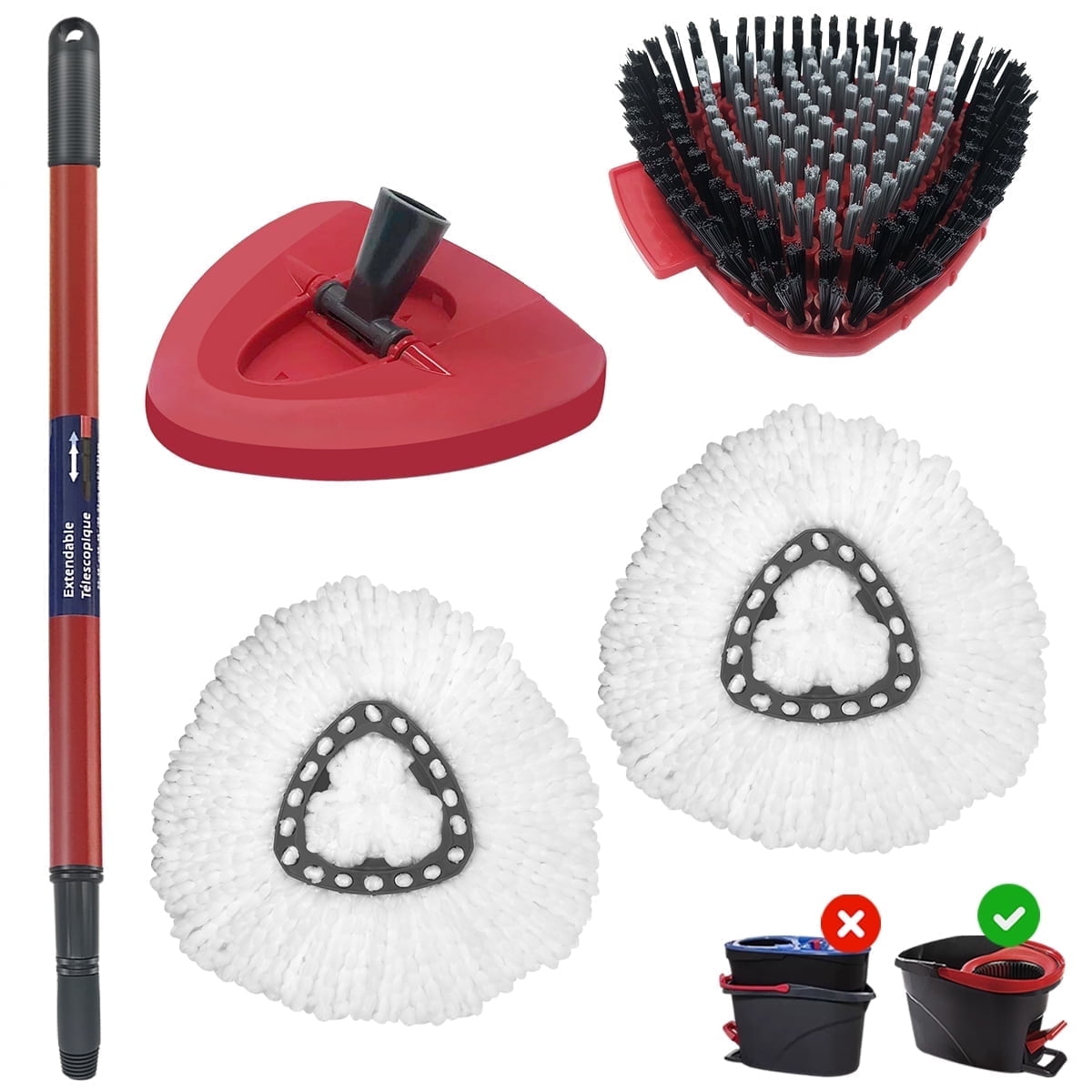 Spin Mop Heads Compatible with O-Cedar EasyWring System, 1 Mop Handle (22-49 inch) + 2 Microfiber Refill Heads + 1 Mop Base + 1 Scrub Brush Combo Set