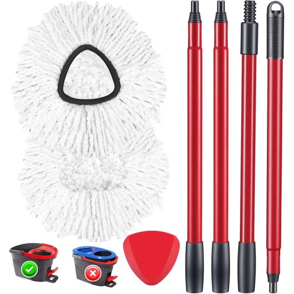 Spin Mop Replacement Head Spin Mop Refills Compatible with O Ceda EasyWring 1-Tank System, 2 Microfiber Spin Mop Head, 1 Triangle Mop Base Head and 4-Section Iron Mop Handle 30-58in for 1 Tank System