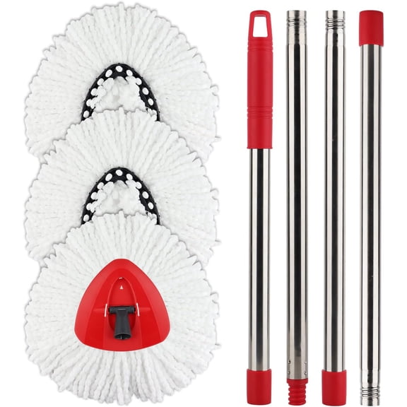 Spin Mop Replacement Head with 1 Rotating Mop Base and 1 Handle - EasyWring Mop Refills Compatible with Rotating Triangle SpinMop