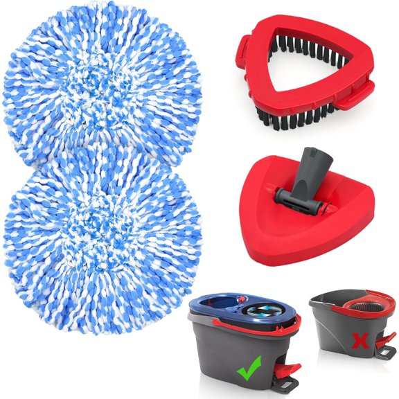 Spin Mop Replacement Heads, Base, Brush for EasyWring 2 System, Includes 2 Microfiber Refills, 1 Triangle Cover and 1 Scrub Tool for Cleaning Bathroom Kitchen Tile Floor