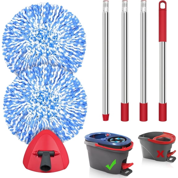 Spin Mop Replacement Heads, Base, Handle for EasyWring 1 System, Includes 2 Microfiber Refills, 1 Triangle Cover and 58 inches Long Pole for Cleaning Bathroom Kitchen Tile Floor
