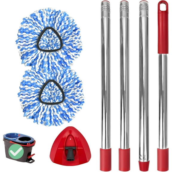 Spin Mop Replacement Set, Includes 2 Mop Head Replacement, 1 Mop Handle (30-58in Adjustable 4-Section Pole), 1 Spin Base