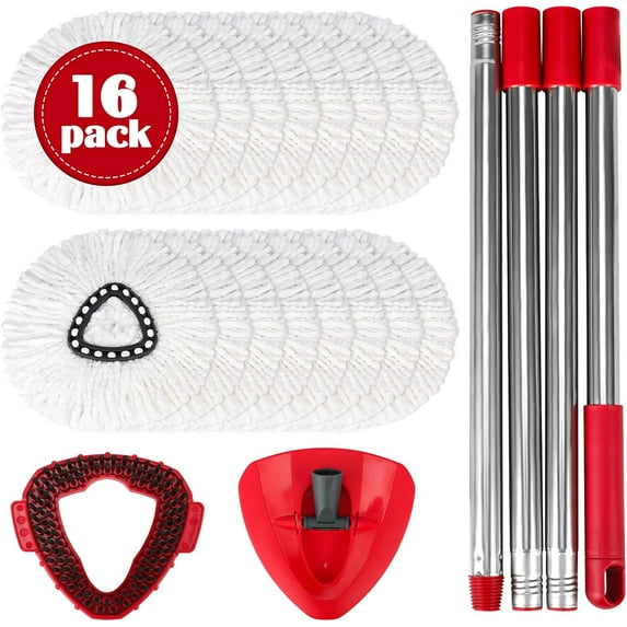 Spin Mop Replacement Set for O-Ceda EasyWring 1-Tank System, 16 Microfiber Mops Refills,1 Scrubber Head,1 Triangle Base,and(31-63in) Adjustable Handle Combo